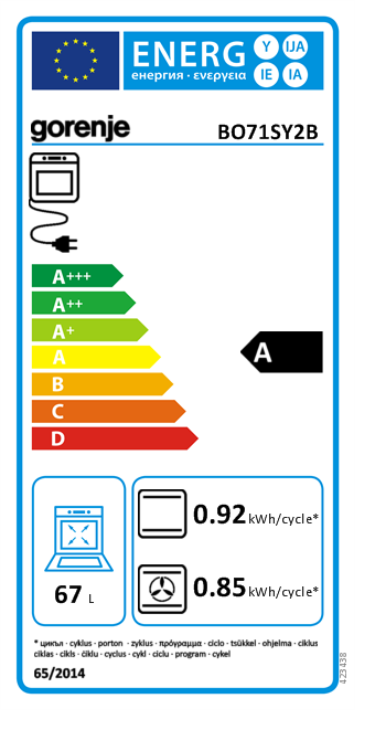 Gorenje BO71SY2B beépíthető sütő energiahatékonysági cimke